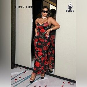 SHEIN LUNE Plus Size Floral Print Draped Neck Cross Back Cami Dress Women Outfit